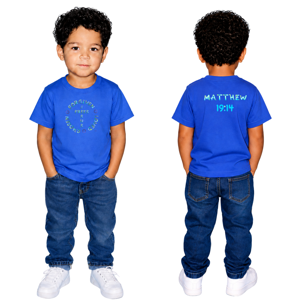 Jesus Frees - Kids 100% Cotton T-Shirts Boys - Font 97 Paws Matthew 19:14 Blue Green Fade