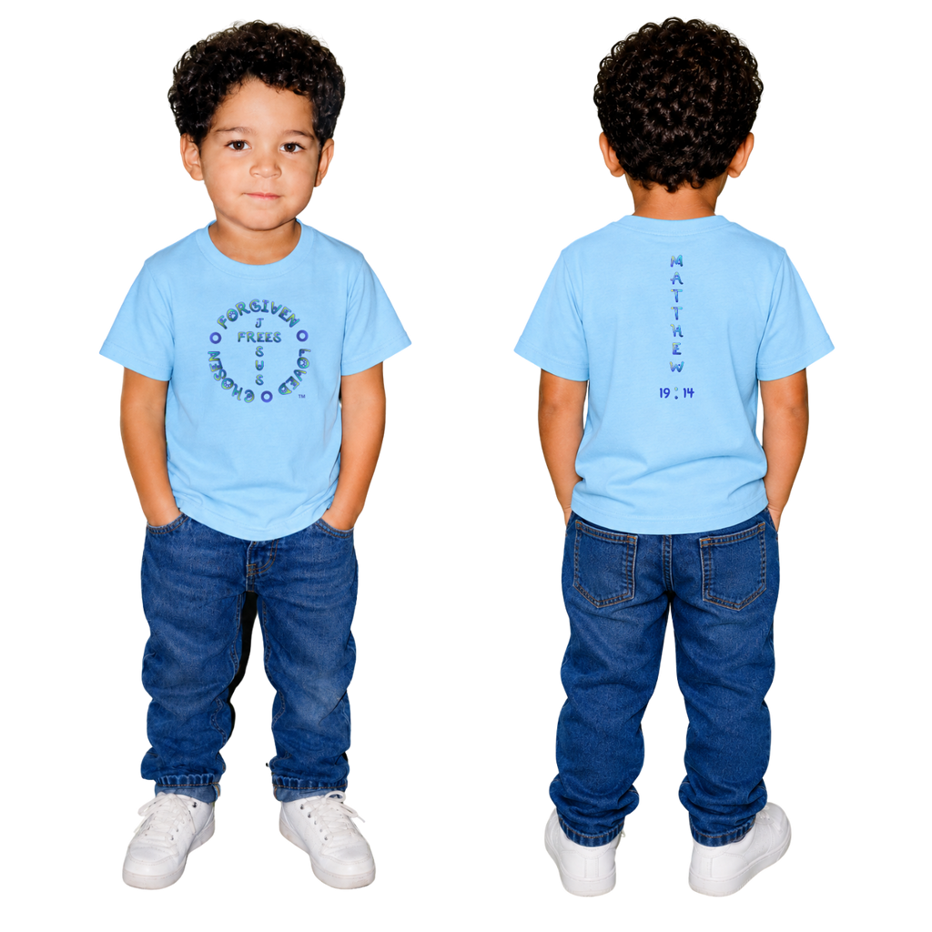Jesus Frees - Kids 100% Cotton T-Shirts Boys - Font 97 Paws Matthew 19:14 Blue Green Fade