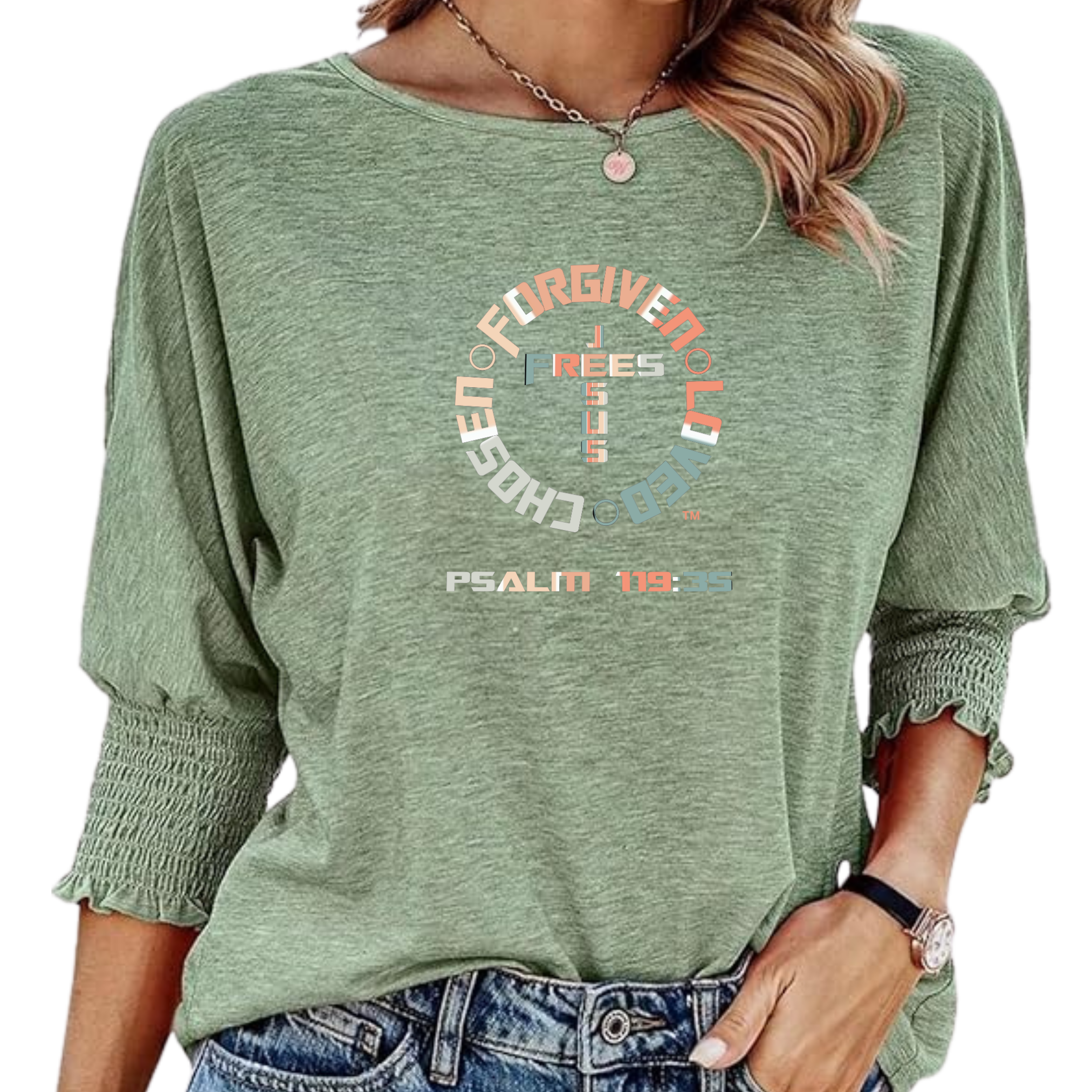Jesus Frees - DK Women's Boat Neckline Pastel Green 3/4 Elastic Cuff - Font 153 Vertical Pastel
