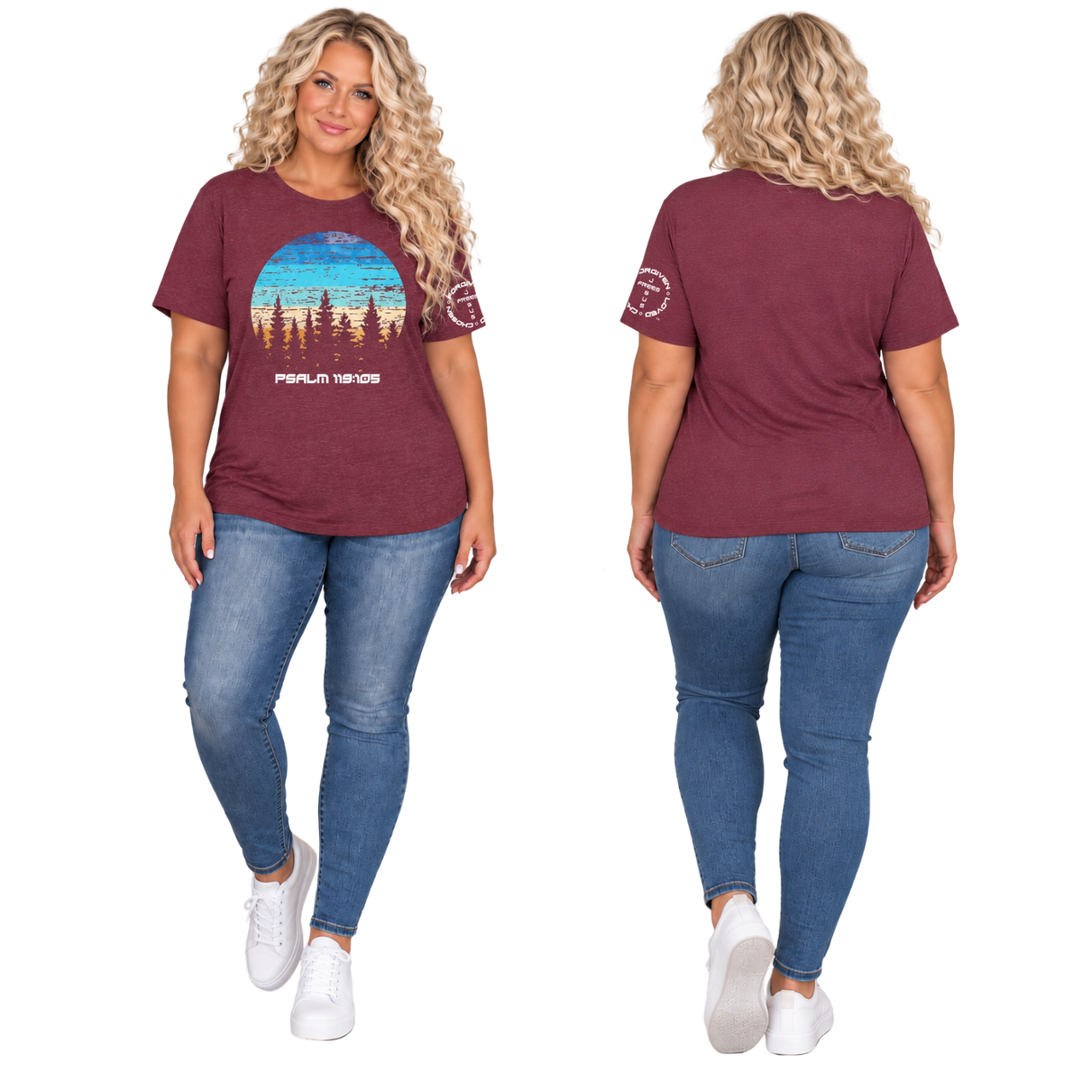 Jesus Frees™ Apparel | Women's Plus Size Vintage Sunset Scripture Shirt | Font 143 White |MK