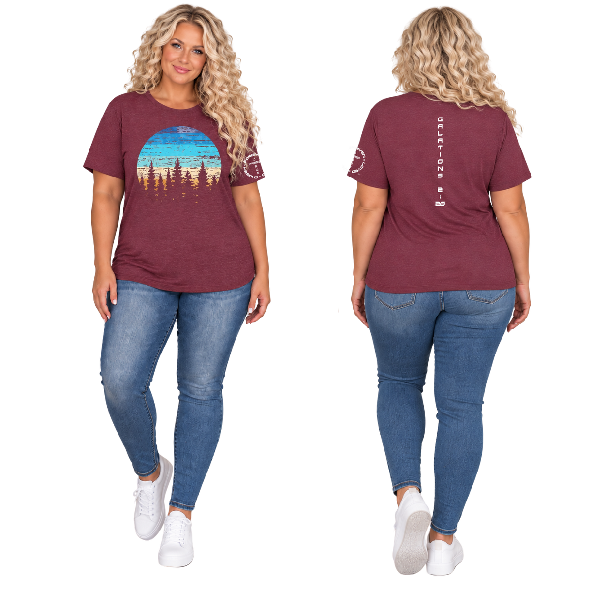 Jesus Frees™ Apparel | Women's Plus Size Vintage Sunset Scripture Shirt | Font 143 White |MK