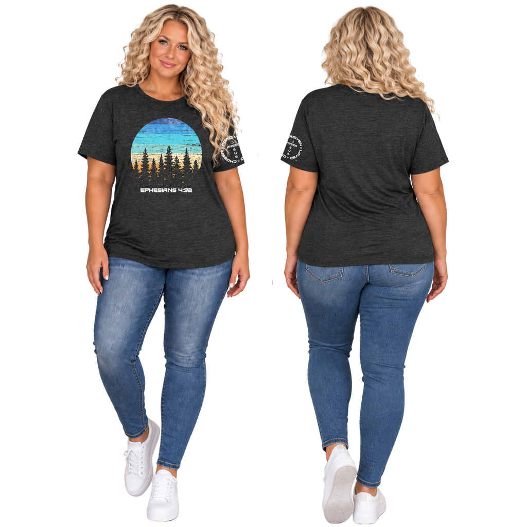 Jesus Frees™ Apparel | Women's Plus Size Vintage Sunset Scripture Shirt | Font 143 White |MK