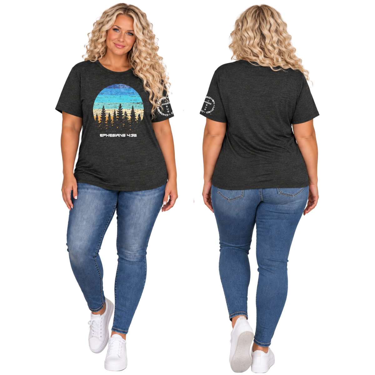 Jesus Frees™ Apparel | Women's Plus Size Vintage Sunset Scripture Shirt | Font 143 White |MK