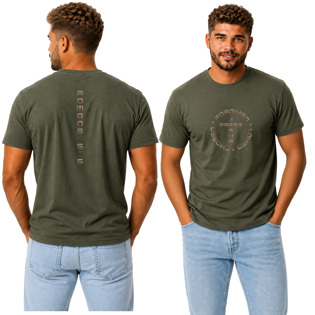 Jesus Frees - G20 Military Green Ultra Cotton Men's T-Shirt - Font 49 Brown Gray Fade