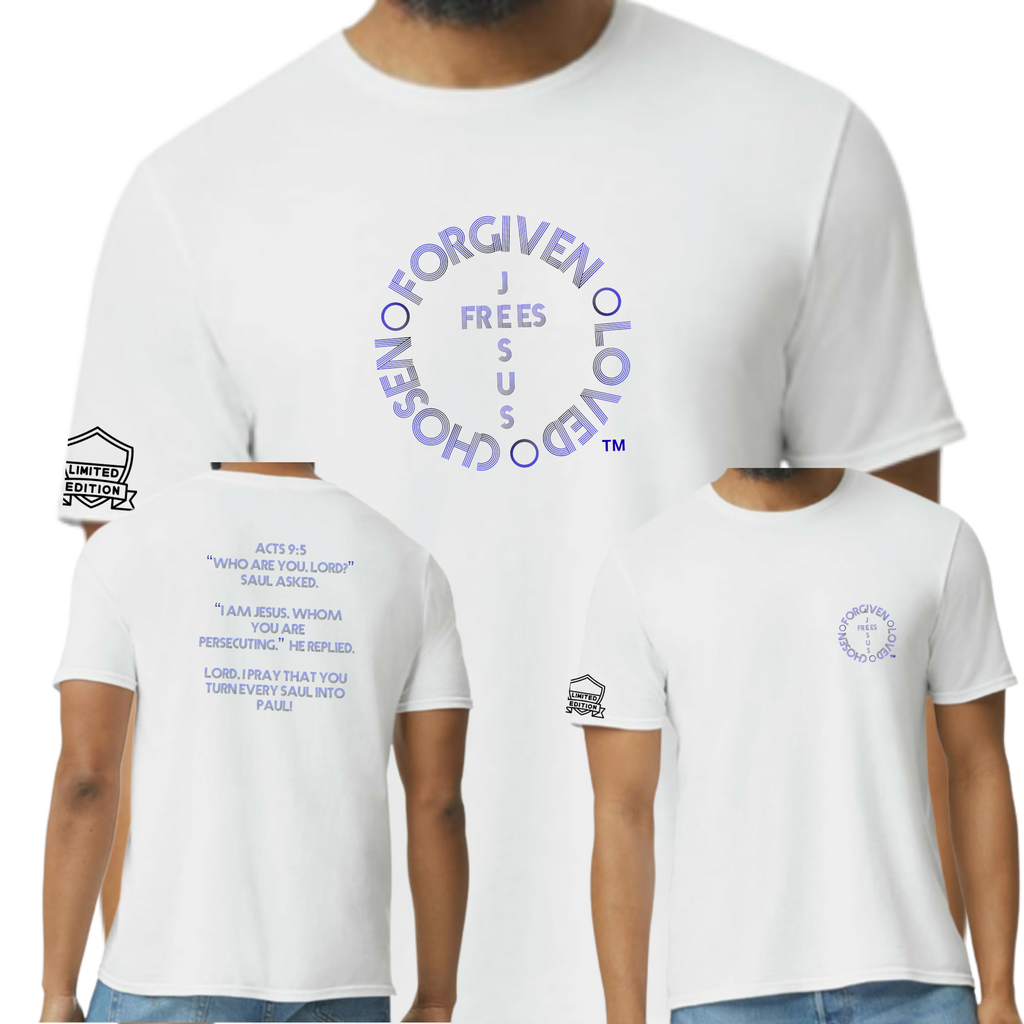 Jesus Frees - G64 Soft Style White Cotton Men's T-Shirt - For the Bold & Courageous - Acts 9:5 + Prayer Font 122 Blue