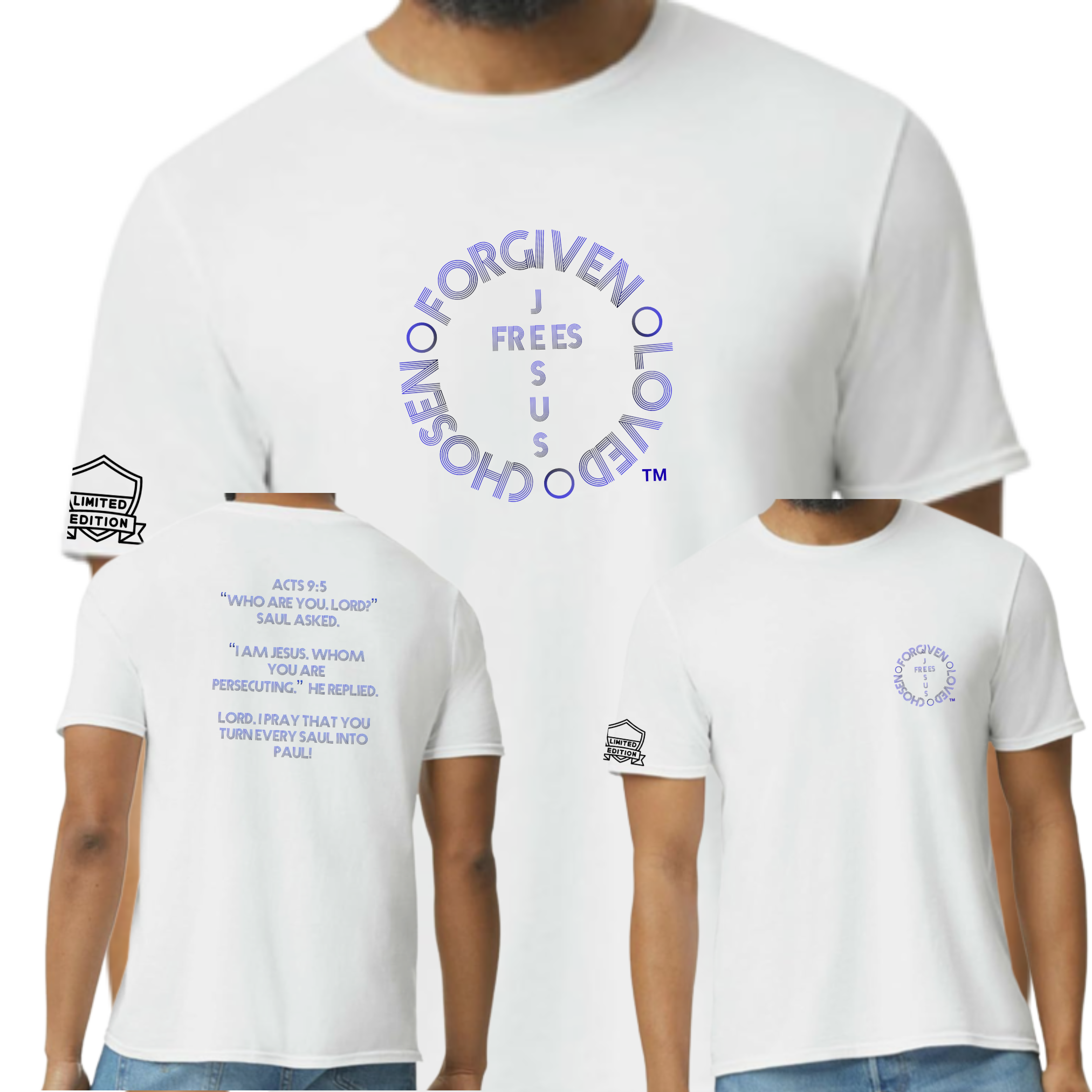 Jesus Frees - G64 Soft Style White Cotton Men's T-Shirt - For the Bold & Courageous - Acts 9:5 + Prayer Font 122 Blue