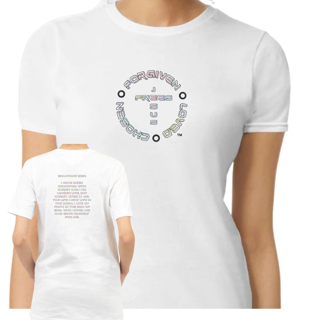 Jesus Frees - G64 Soft Style White Cotton T-Shirt - Font 126 Multi Pastel - Galatians 2:20