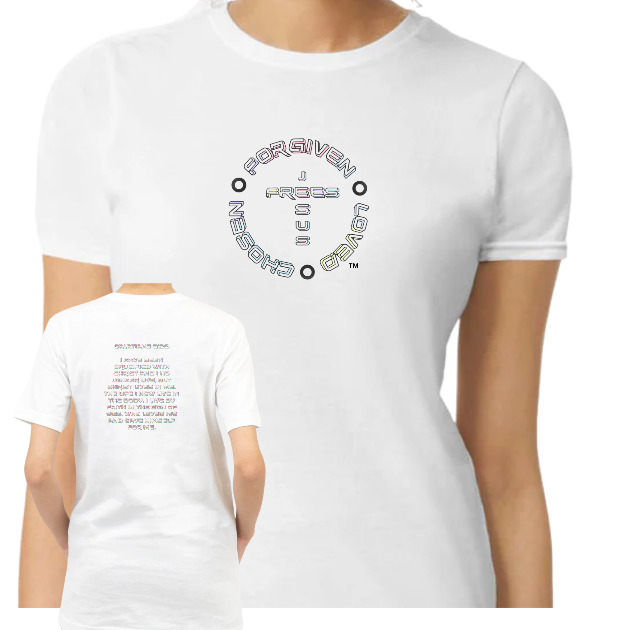 Jesus Frees - G64 Soft Style White Cotton T-Shirt - Font 126 Multi Pastel - Galatians 2:20