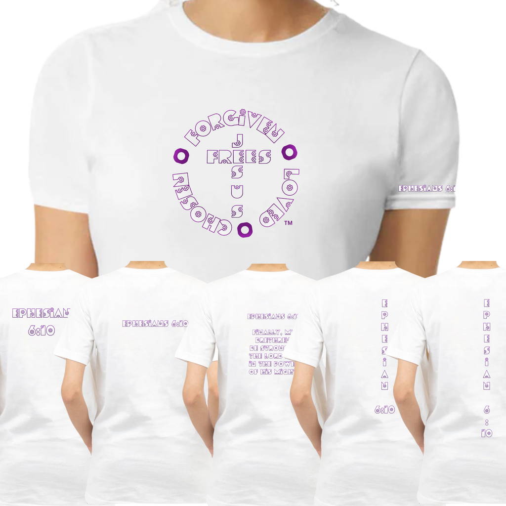 Jesus Frees - G64 Soft Style White Cotton Women's T-Shirt - Font 299 Flowers - Ephesians 6:10