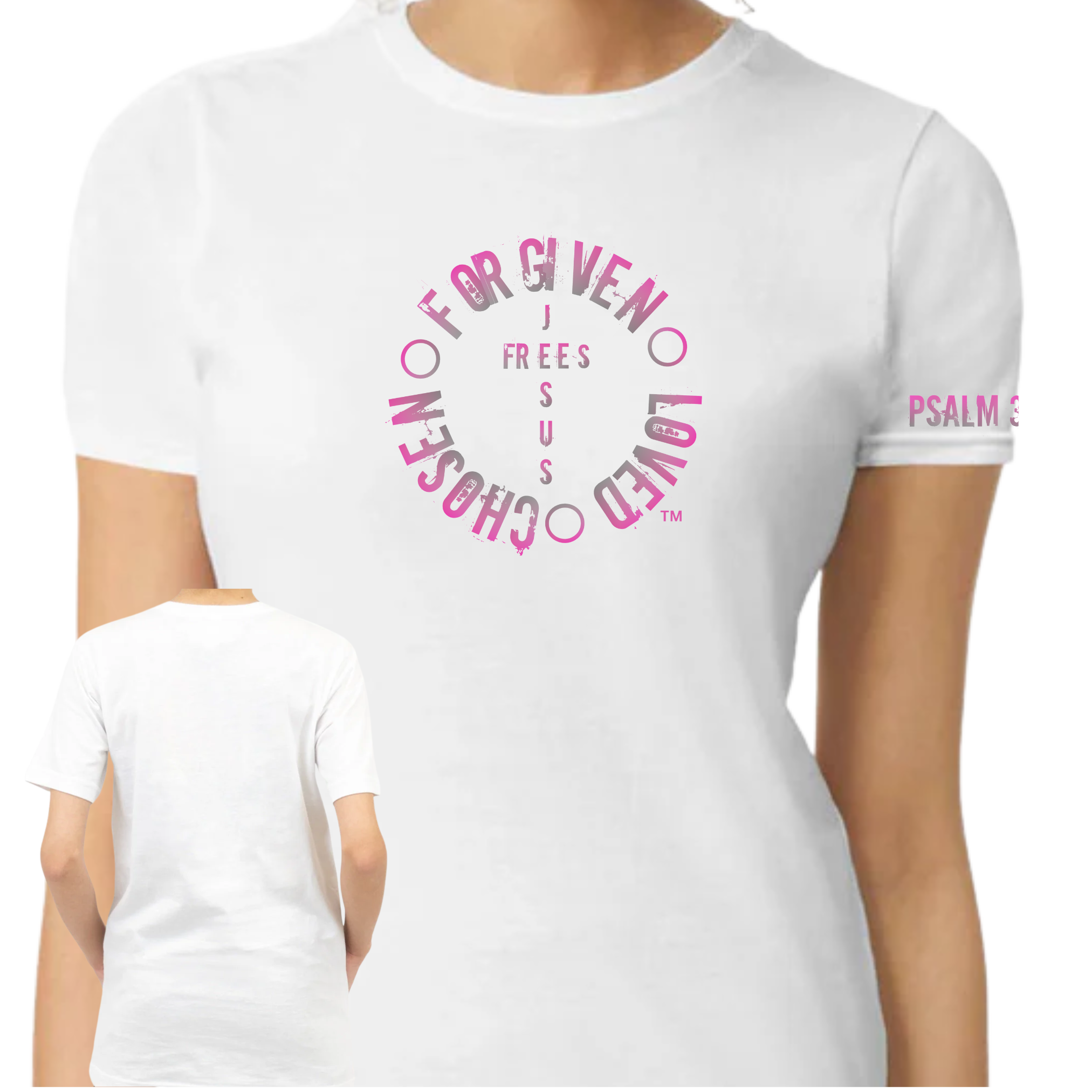 Jesus Frees - G64 Soft Style White Cotton Women's T-Shirt - Font 60 Pink Gray Fade