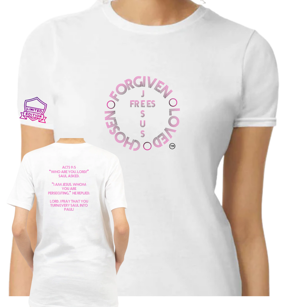 Jesus Frees - G64 Soft Style White Cotton Women's T-Shirt - For the Bold & Courageous - Acts 9:5 + Prayer Font 122 Pink