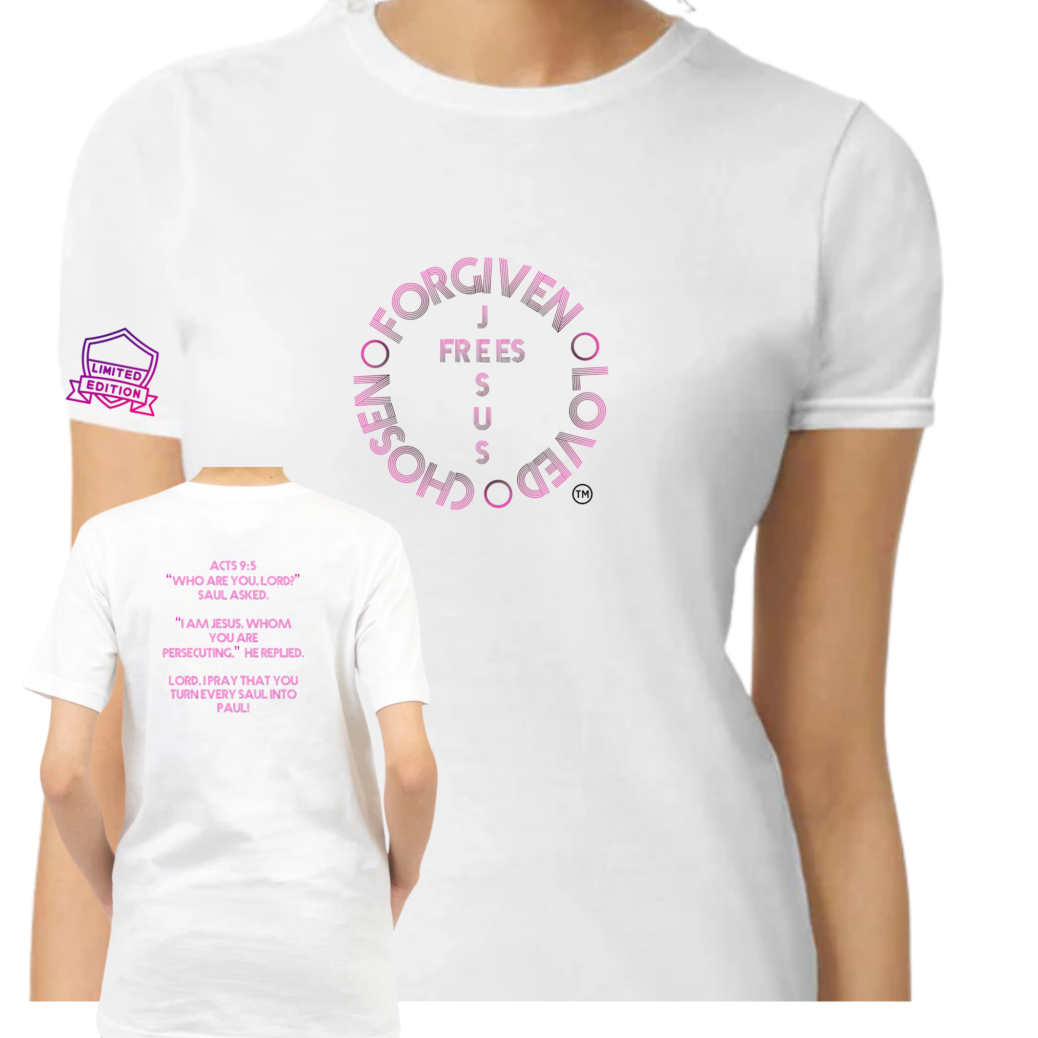 Jesus Frees - G64 Soft Style White Cotton Women's T-Shirt - For the Bold & Courageous - Acts 9:5 + Prayer Font 122 Pink