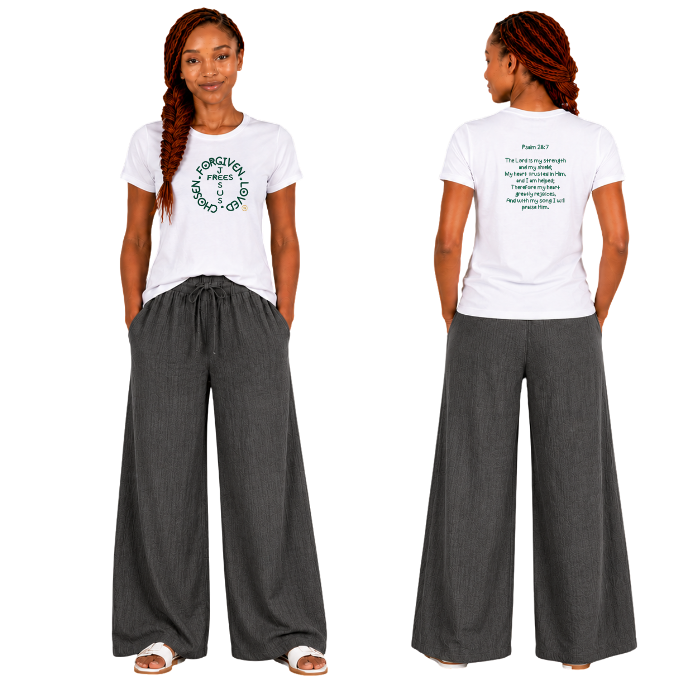 Jesus Frees - G64 Soft Style White Cotton Women's T-Shirt - Font 303 Dark Green