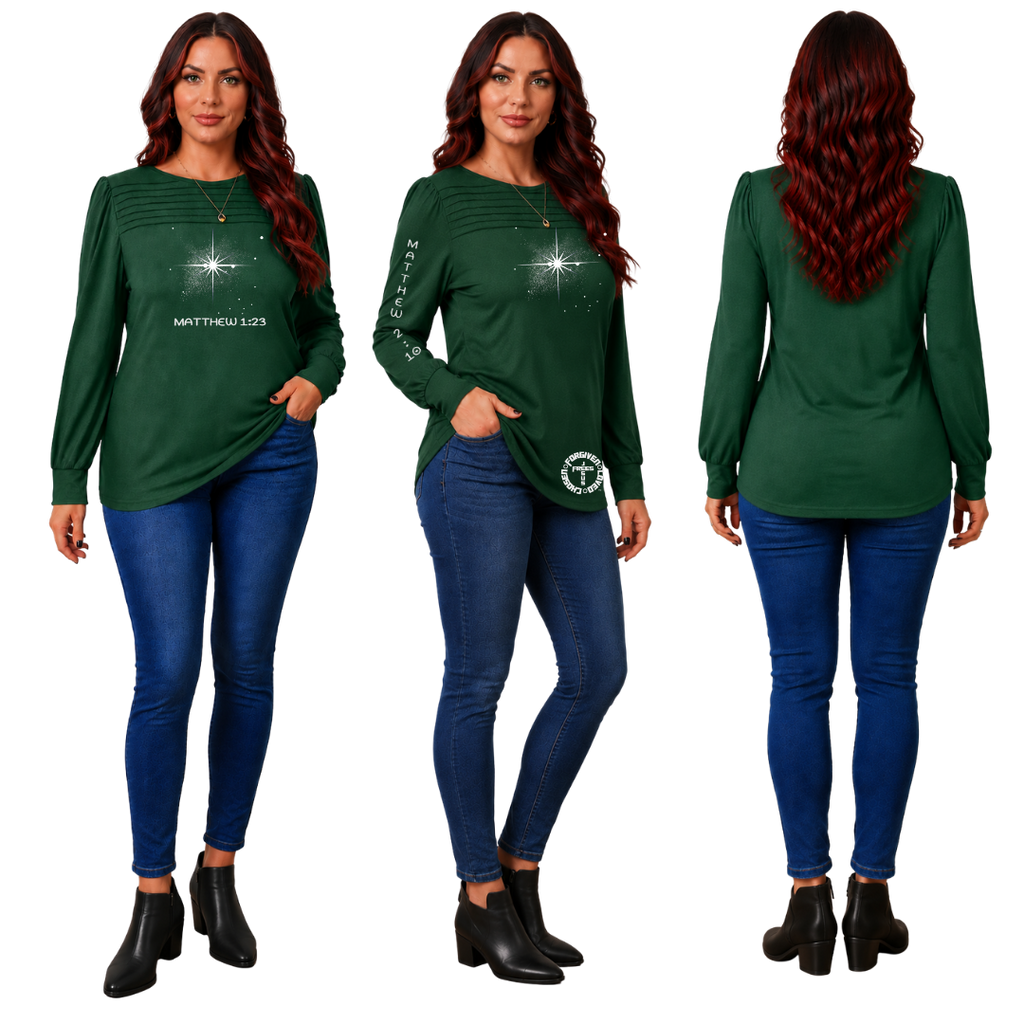 Jesus Frees | XD Long Sleeve Trendy Pleated Regular Fit Dress Tunics | Font 303 Star of Bethlehem | Christmas