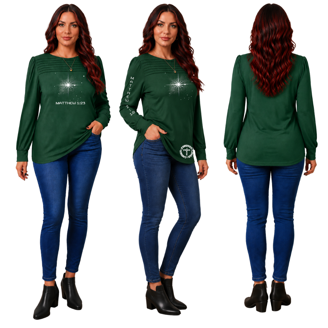 Jesus Frees | XD Long Sleeve Trendy Pleated Regular Fit Dress Tunics | Font 303 Star of Bethlehem | Christmas