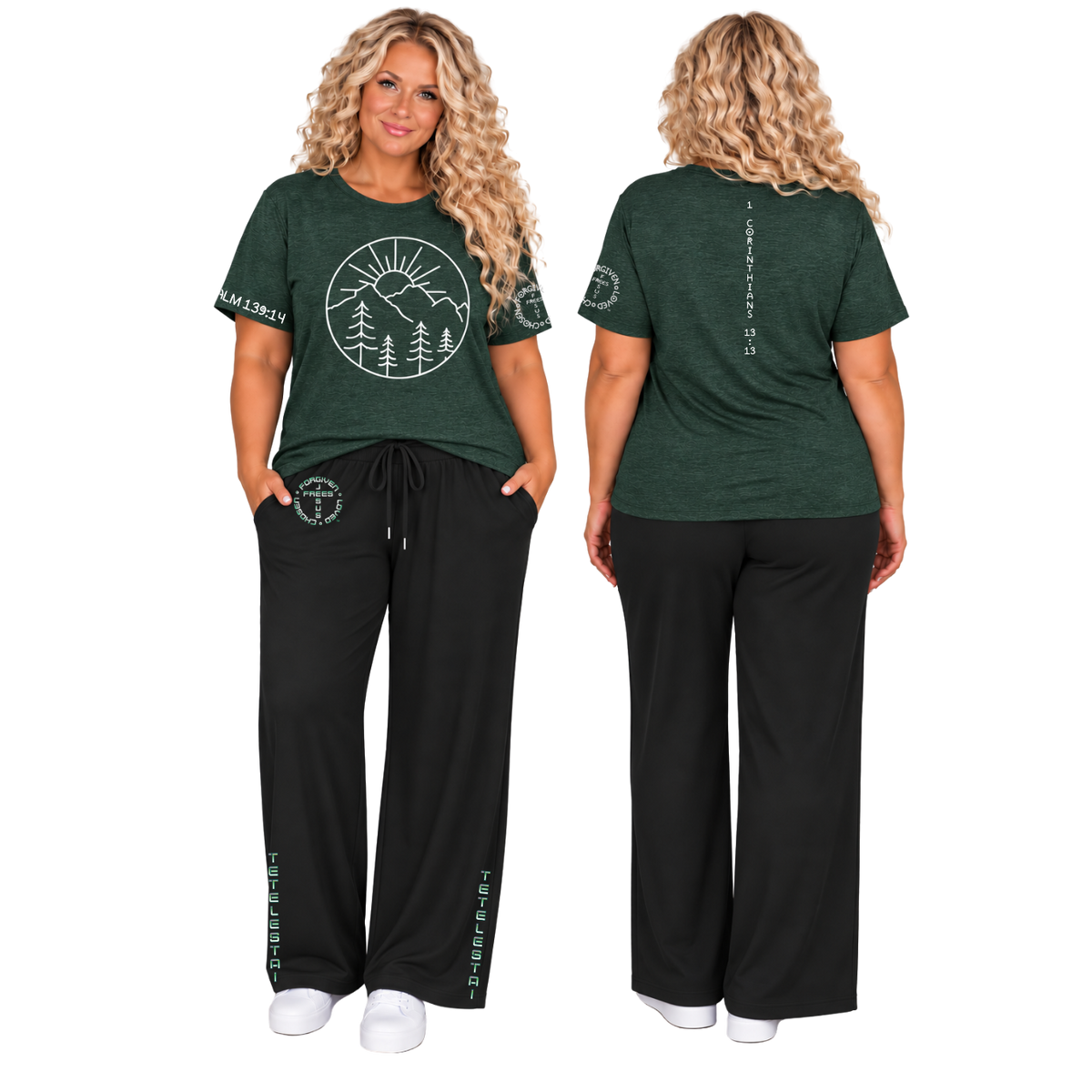 Jesus Frees™ Apparel | Women’s Plus Size Black Wide Leg Scripture Pants | Font 49 Fade | Neer