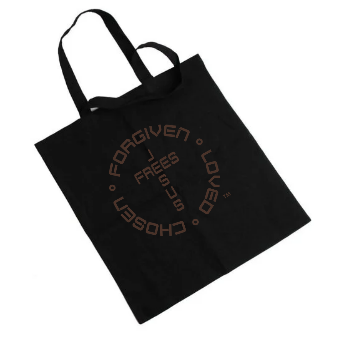 Black tote bag with brown text on a white background