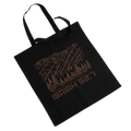 Black Tote featuring Montana Mountain Scene with Scripture Isaiah 52:7 under scene in brown font