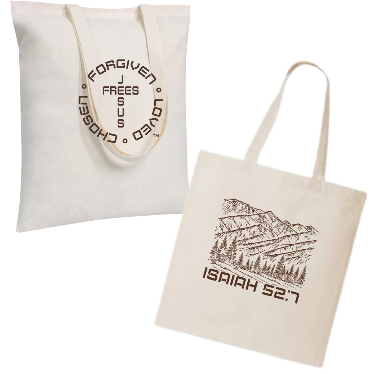 Natural Color Cotton Totes featuring Scripture Mountain Scene in Front font with Isaiah 52:7 and the tote shows the other side featuring Brand label