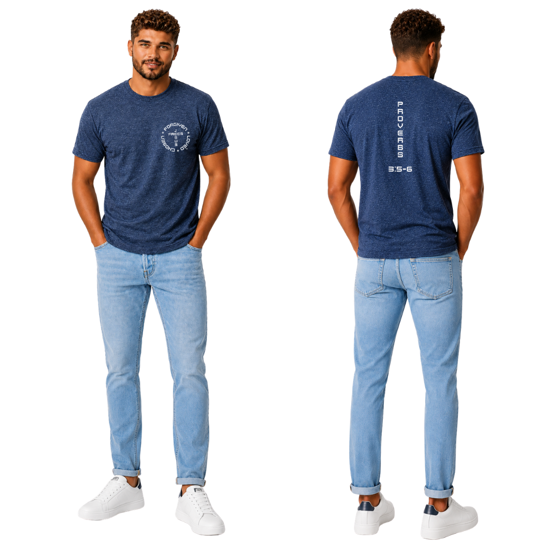 Jesus Frees™ Apparel G20 Men's Heather Indigo Ultra Cotton T-Shirt Font 49 White Proverb 3:5-6 front and back view christian apparel men scripture shirt