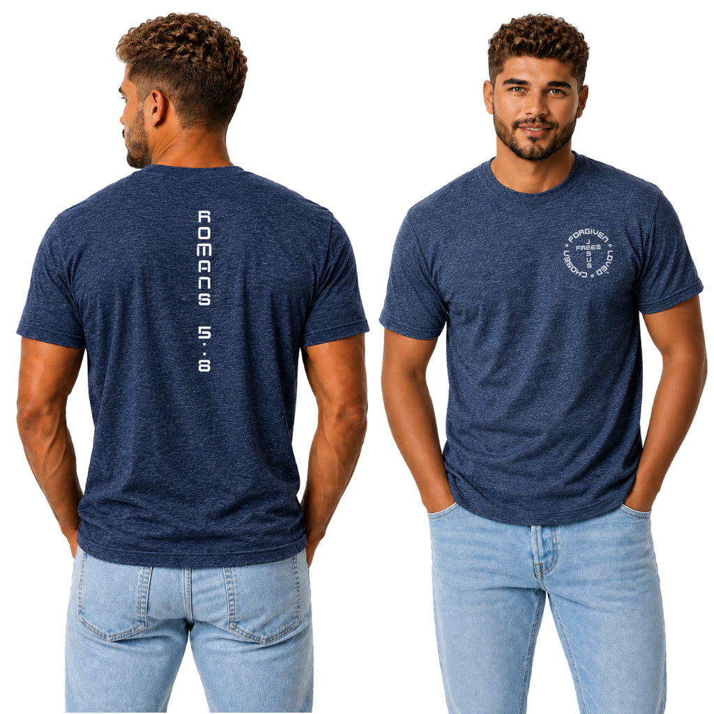 Jesus Frees™ Apparel G20 Men's Heather Indigo Ultra Cotton T-Shirt Font 49 White Romans 5:8 front and back view Christian apparel men scripture shirt