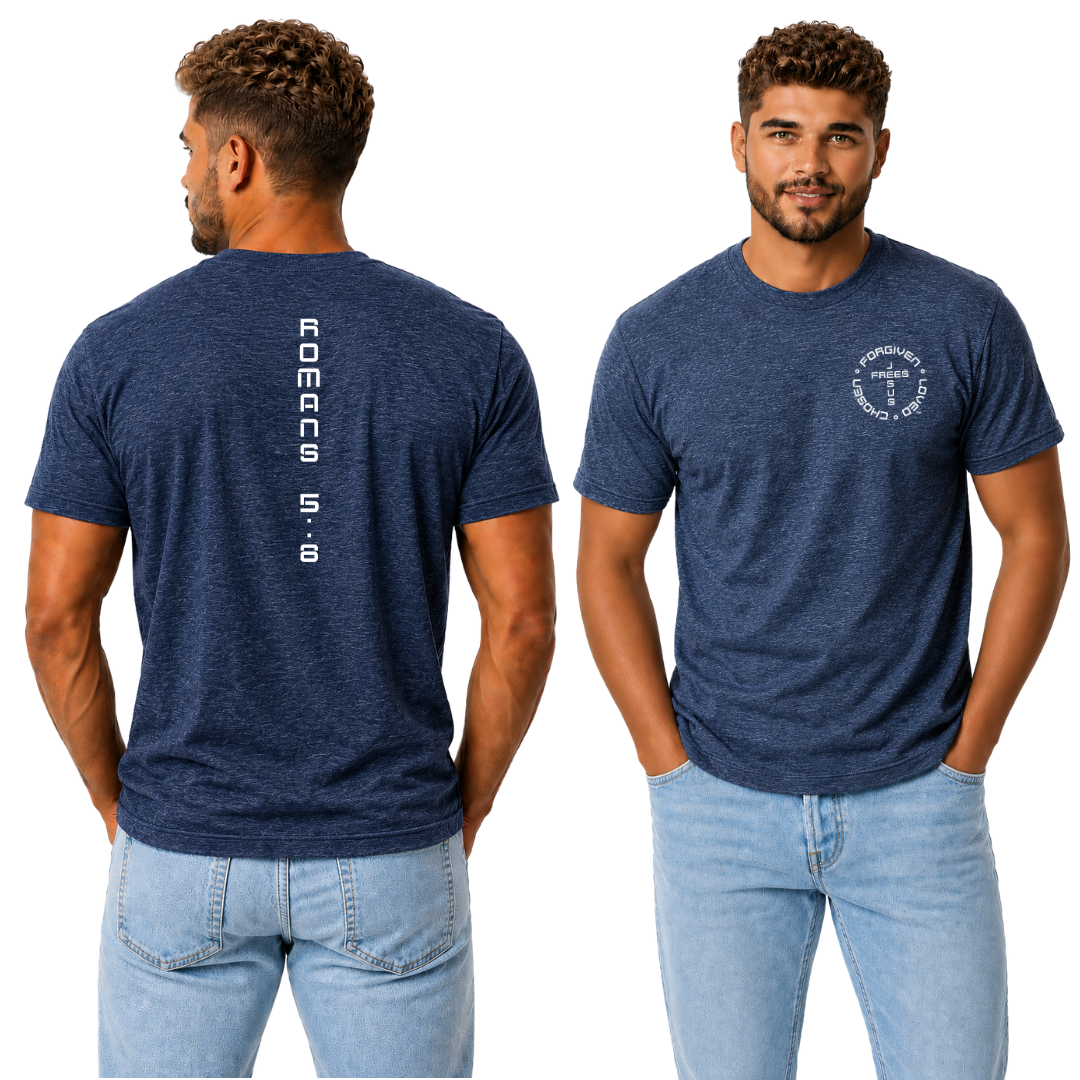 Jesus Frees™ Apparel G20 Men's Heather Indigo Ultra Cotton T-Shirt Font 49 White Romans 5:8 front and back view Christian apparel men scripture shirt