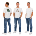 Man wearing 100% cotton Christian T-shirt with Jesus Frees Free Chosen Forgiven Loved faith-based logo and on back of men’s Christian T-shirt featuring John 8:32, John 15:16, Ephesians 1:7 and 1 John 4:19 Bible verse design 