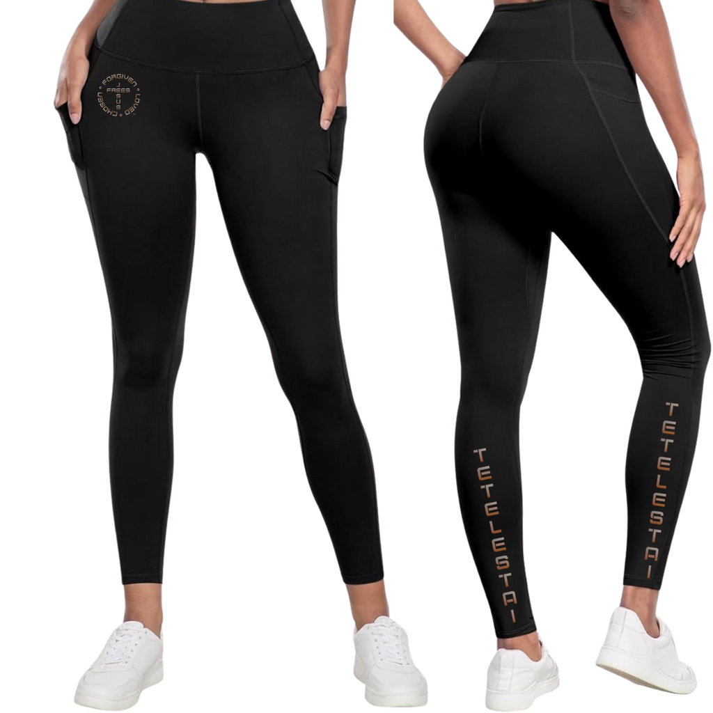 Jesus Frees™ Apparel Tetelestai Black Leggings Font 49 Brown Fade with Jesus Frees Logo and Tetelestai Leg Print