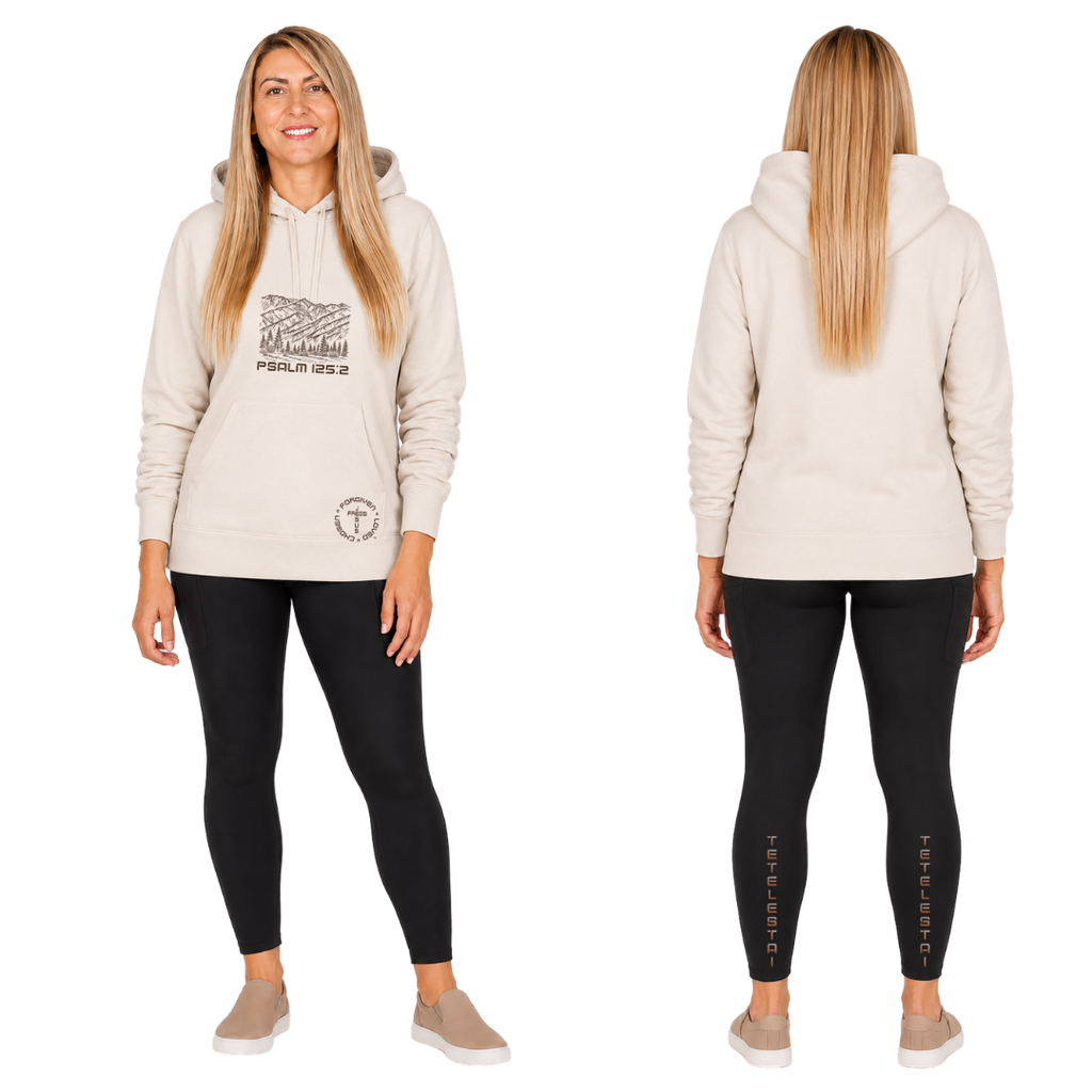 Jesus Frees™ Apparel Tetelestai Black Leggings Font 49 Brown Fade with Oatmeal Shirt Hoodie featuring Mountain Scripture Print with Psalm 125:2