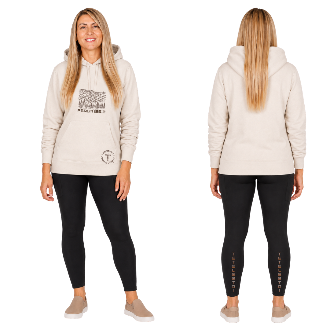 Jesus Frees™ Apparel Tetelestai Black Leggings Font 49 Brown Fade with Oatmeal Shirt Hoodie featuring Mountain Scripture Print with Psalm 125:2