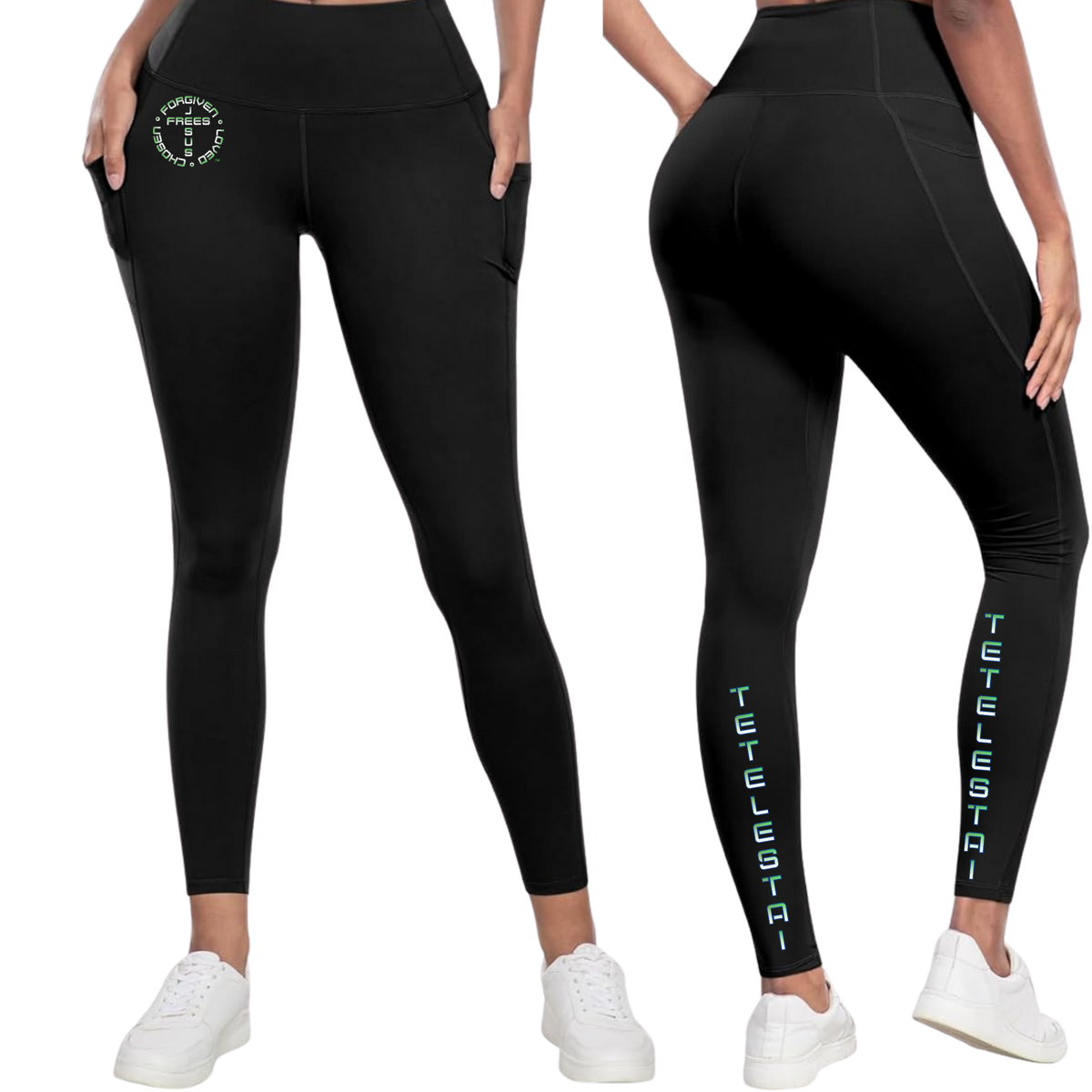 Jesus Frees™ Apparel Tetelestai Black Leggings Font 49 Green Fade with Jesus Frees Logo and Tetelestai Leg Print