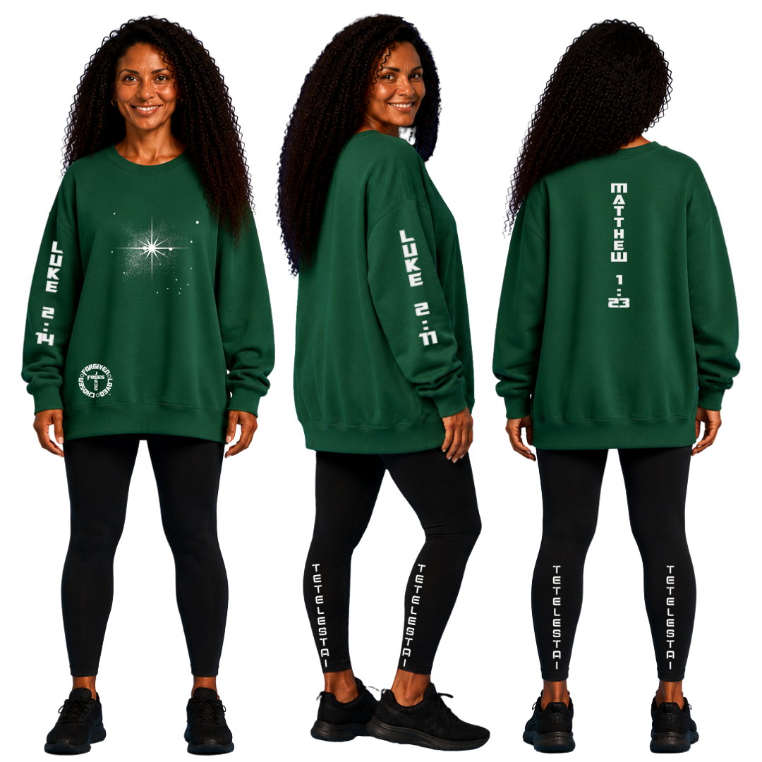 Jesus Frees™ Apparel Tetelestai Black Leggings Font 49 Green Fade with Green  Christmas shirt featuring Scripture Print Stare of Bethlehem and scripture Luke 2:14