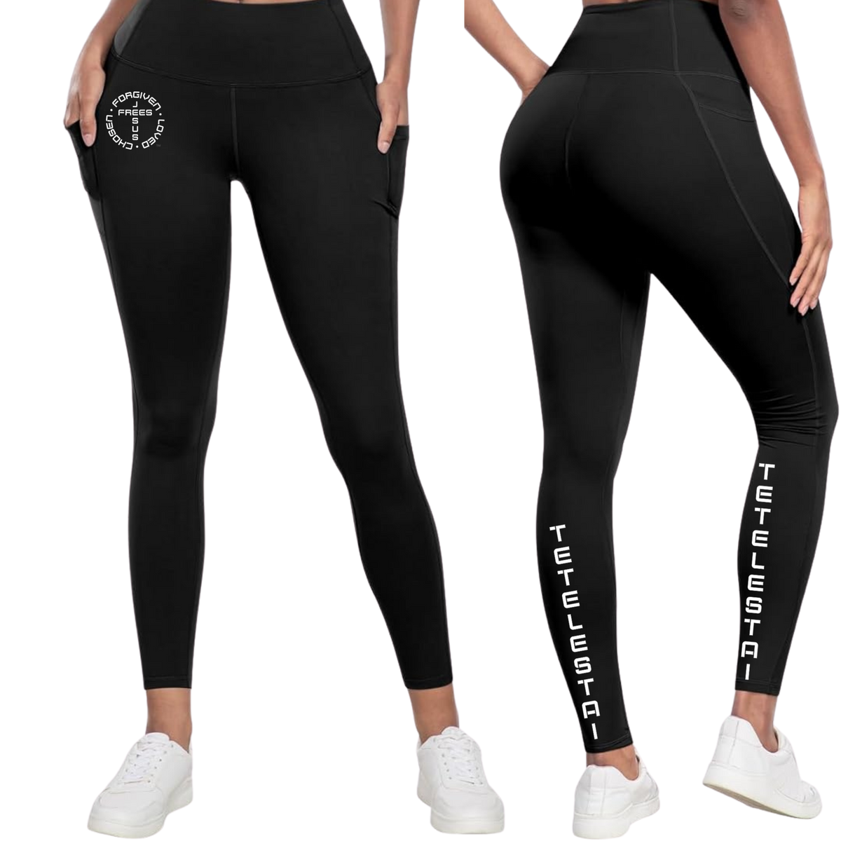 Jesus Frees™ Apparel Tetelestai Black Leggings Font 49 White Gray Outline with Jesus Frees Logo and Tetelestai Leg Print