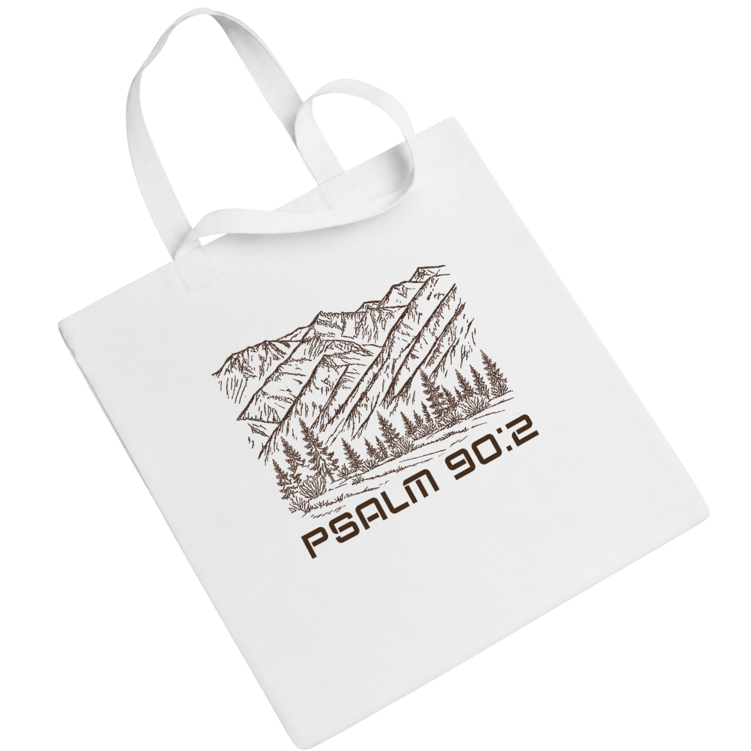 White tote with brown Mountain scene and scripture below psalm 90:2