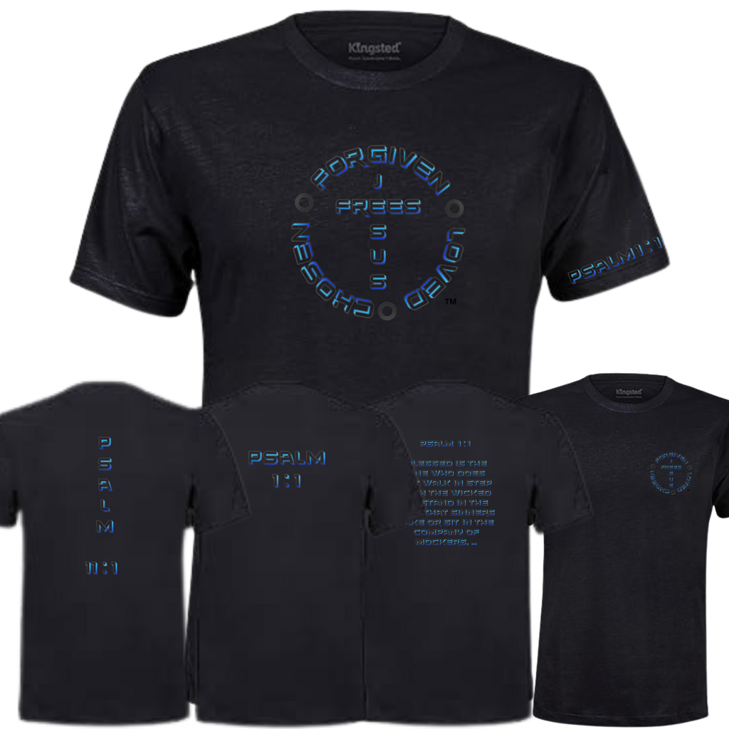 Jesus Frees - KD Men's Premium T-Shirt - Font 126 Blue & Black Psalm 1:1