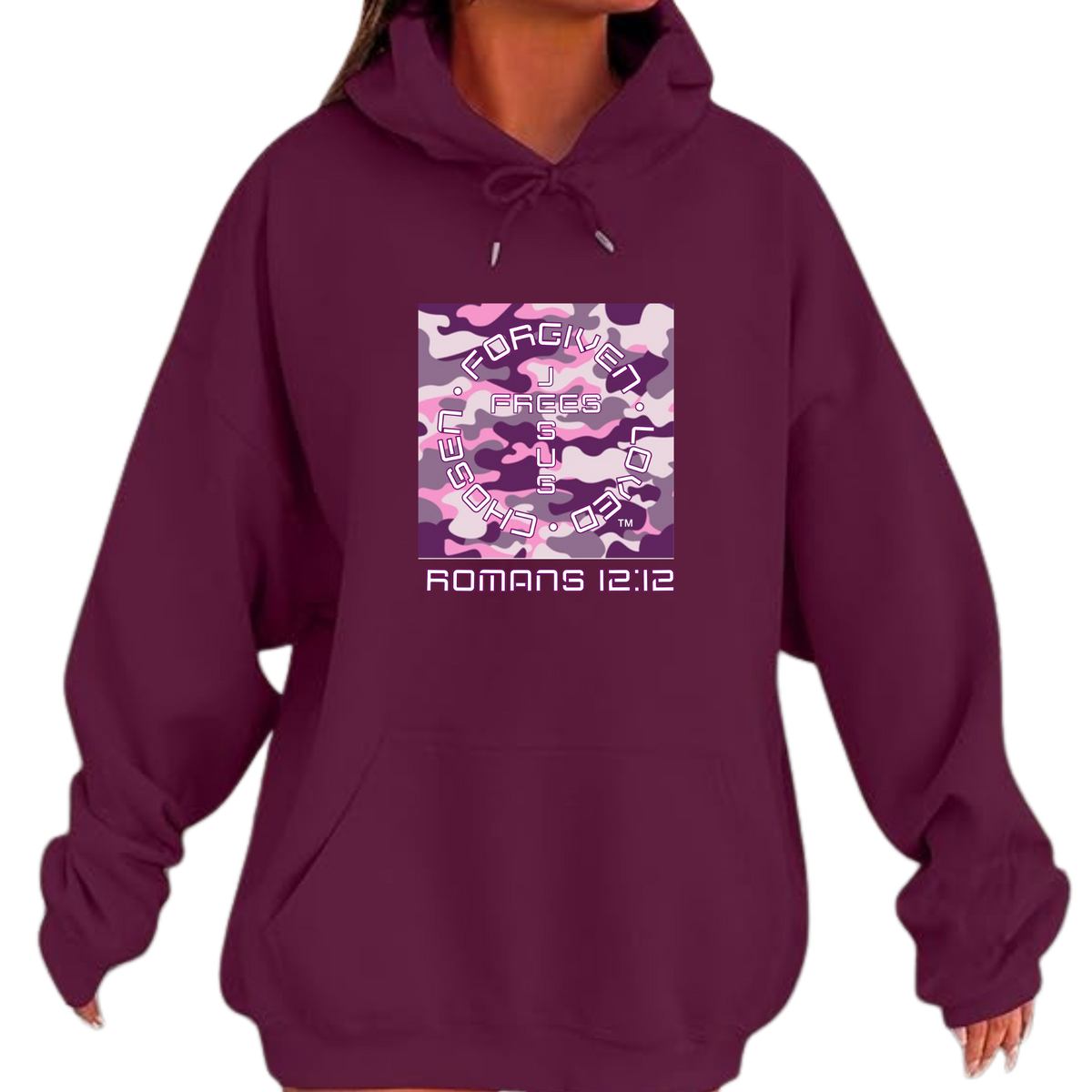 Jesus Frees™ Apparel | Women's Purple Scripture Hoodie | Camo Font 49 White