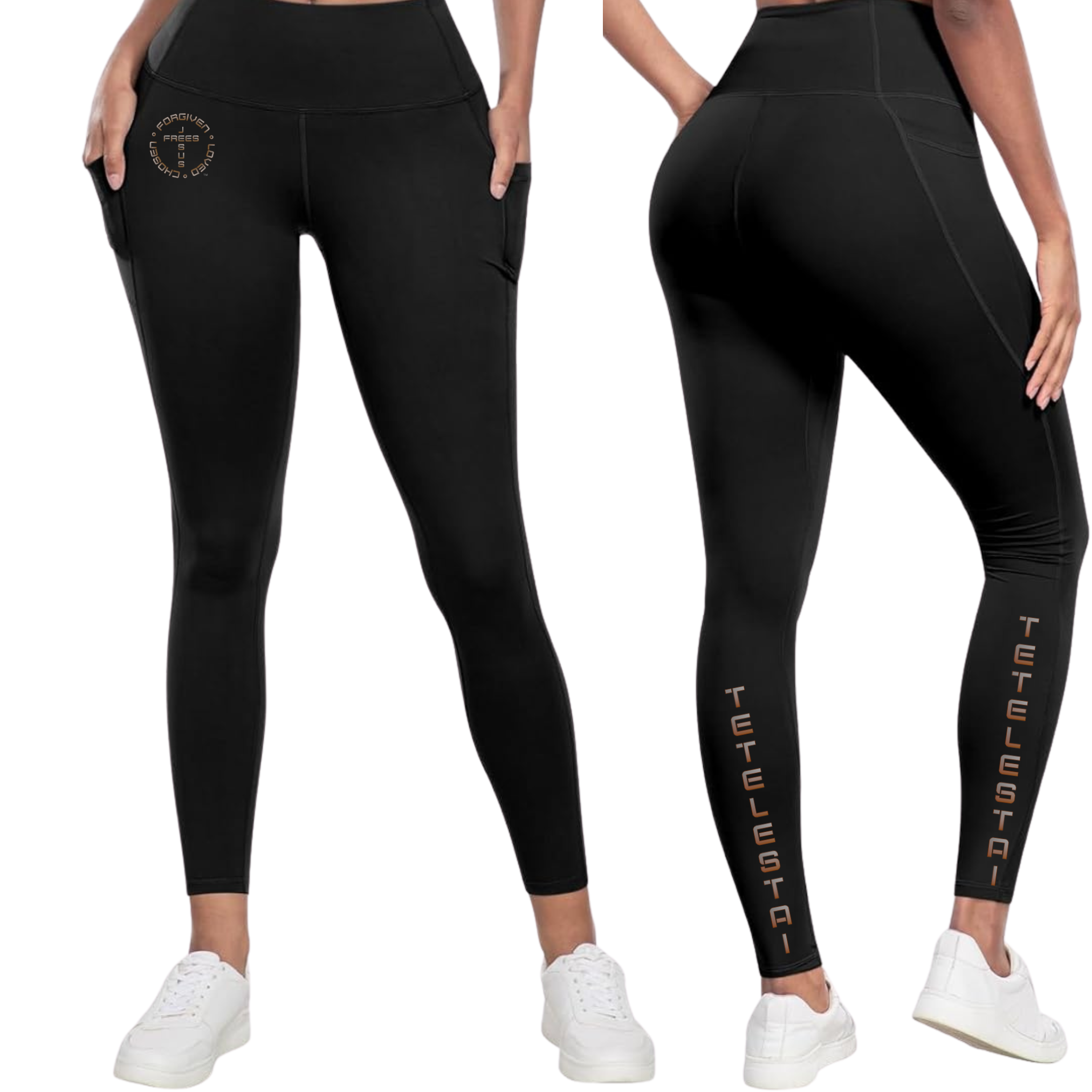 BLACK LEGGINS WITH POCKETS, PRINTED "TETELESTAI" - Soft High Waisted Tummy Control Workout Pants