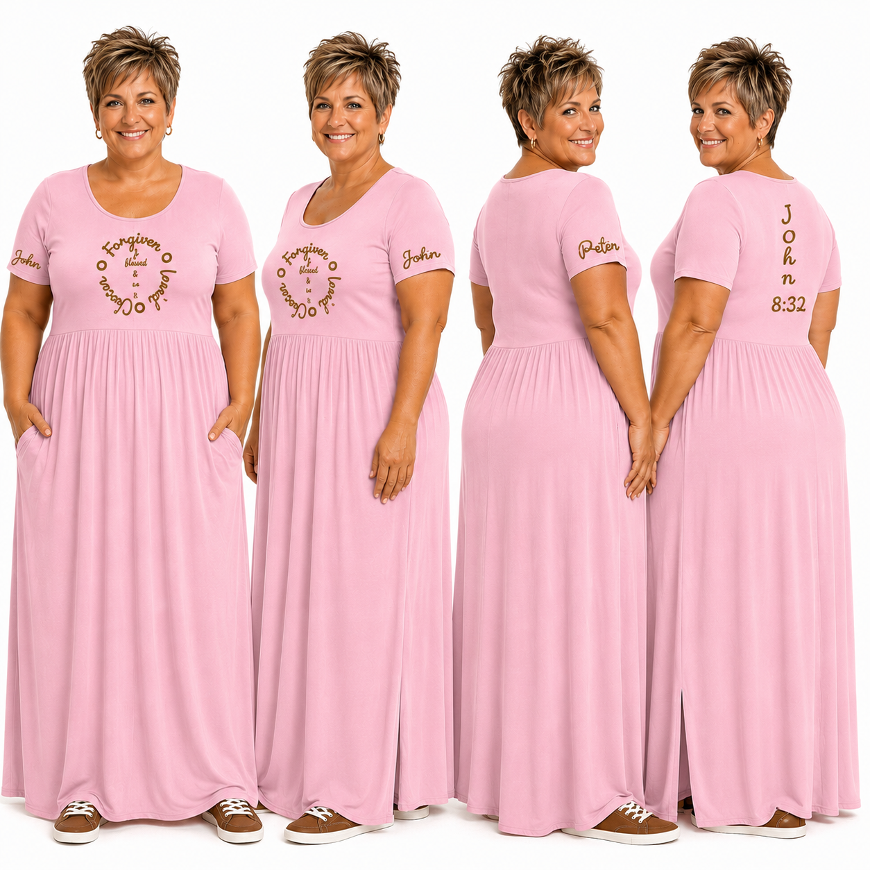 Jesus Frees - Long Maxi Dresses with Pockets - Short Sleeve - Font 223 Brown