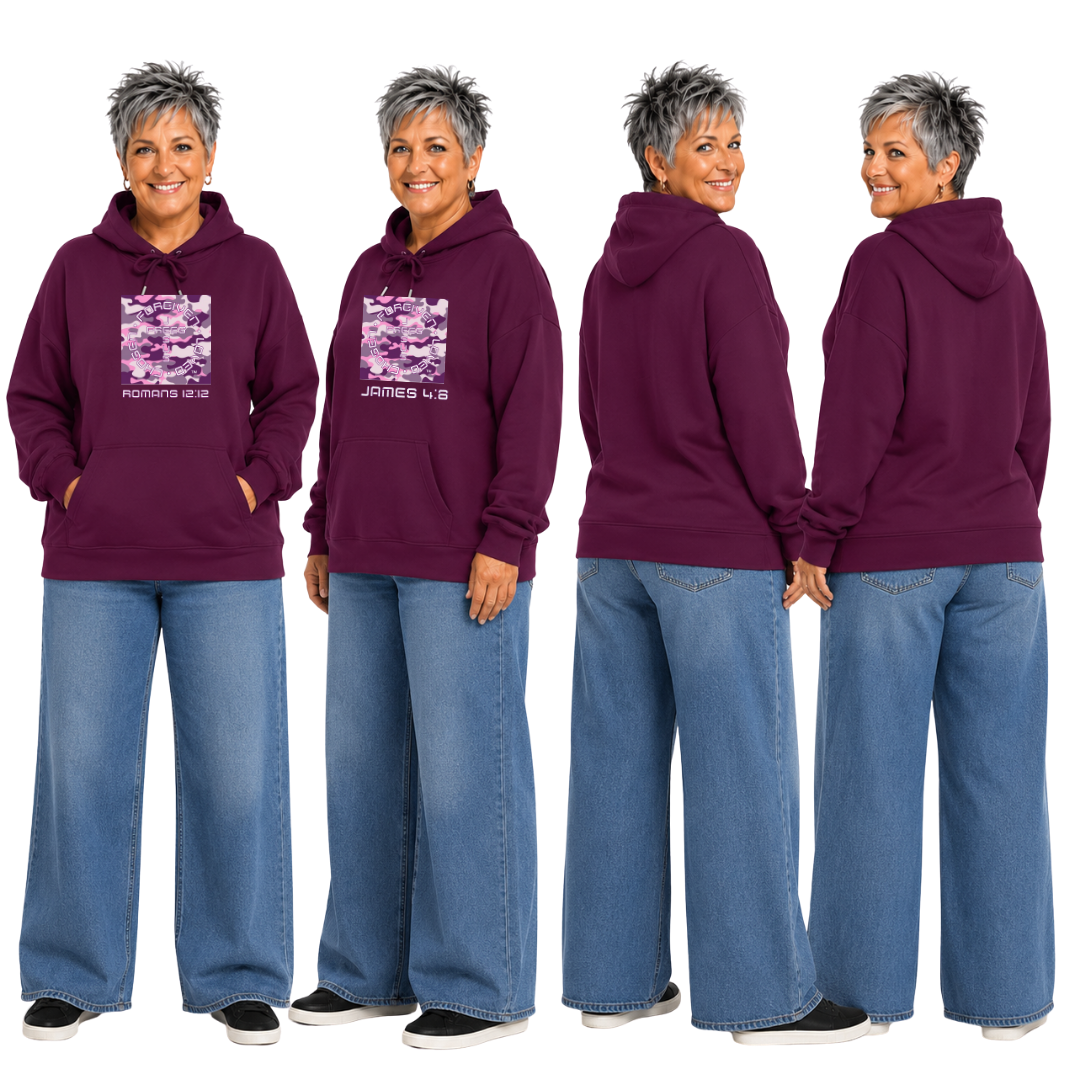 Jesus Frees™ Apparel | Women's Purple Scripture Hoodie | Camo Font 49 White