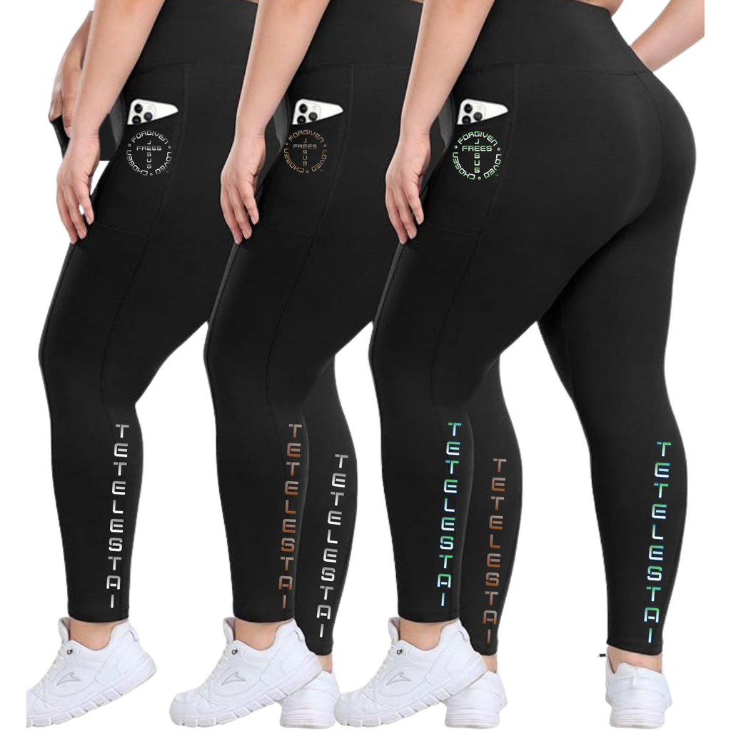 PLUS SIZE BLACK LEGGINS WITH POCKETS PRINTED "TETELESTAI" - Soft High Waisted Tummy Control Workout Pants
