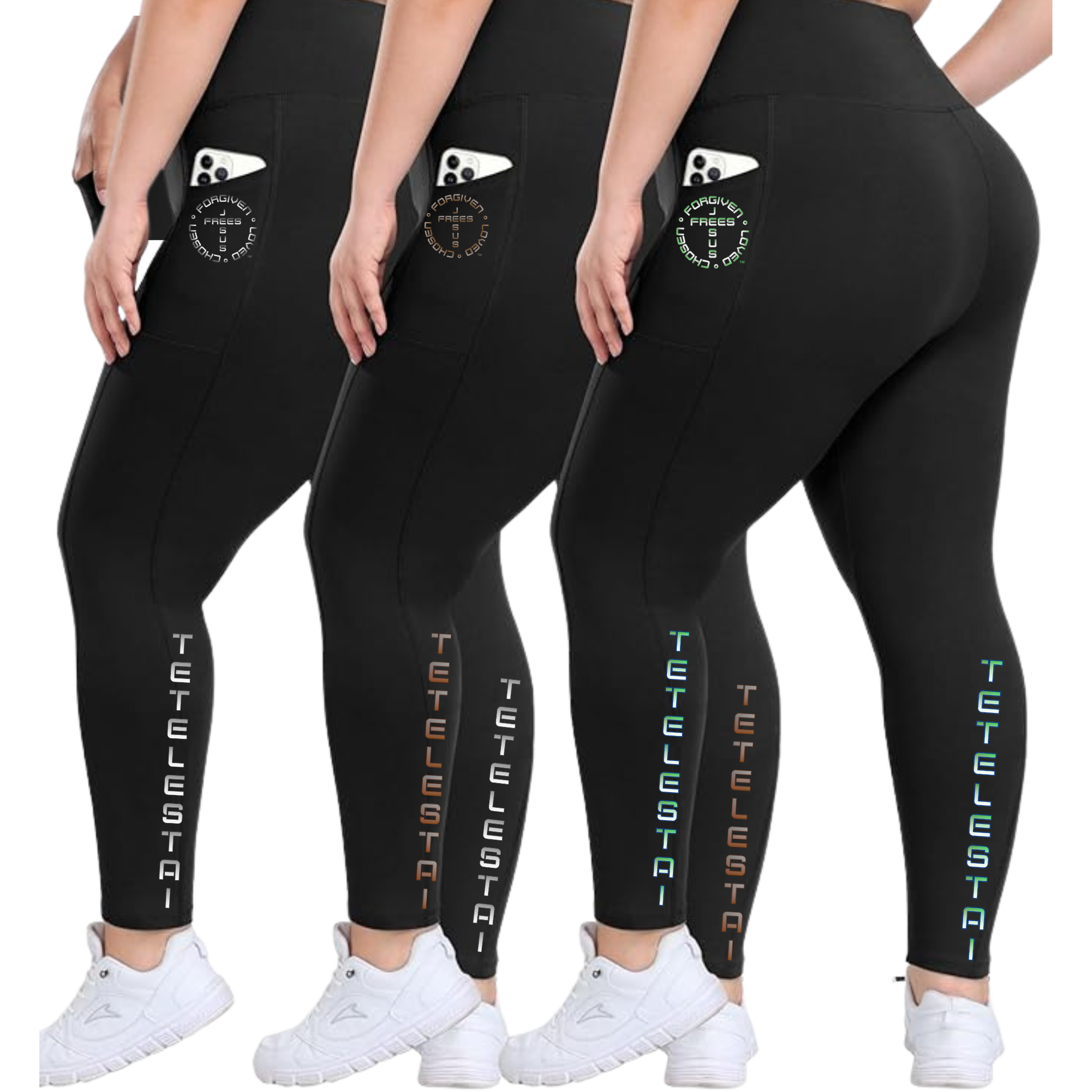 PLUS SIZE BLACK LEGGINS WITH POCKETS PRINTED "TETELESTAI" - Soft High Waisted Tummy Control Workout Pants