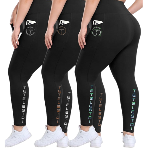 Jesus Frees - Plus Size Black Leggings with Pockets - "Tetelestai" Print - Soft High Waisted Tummy Control Workout Pants