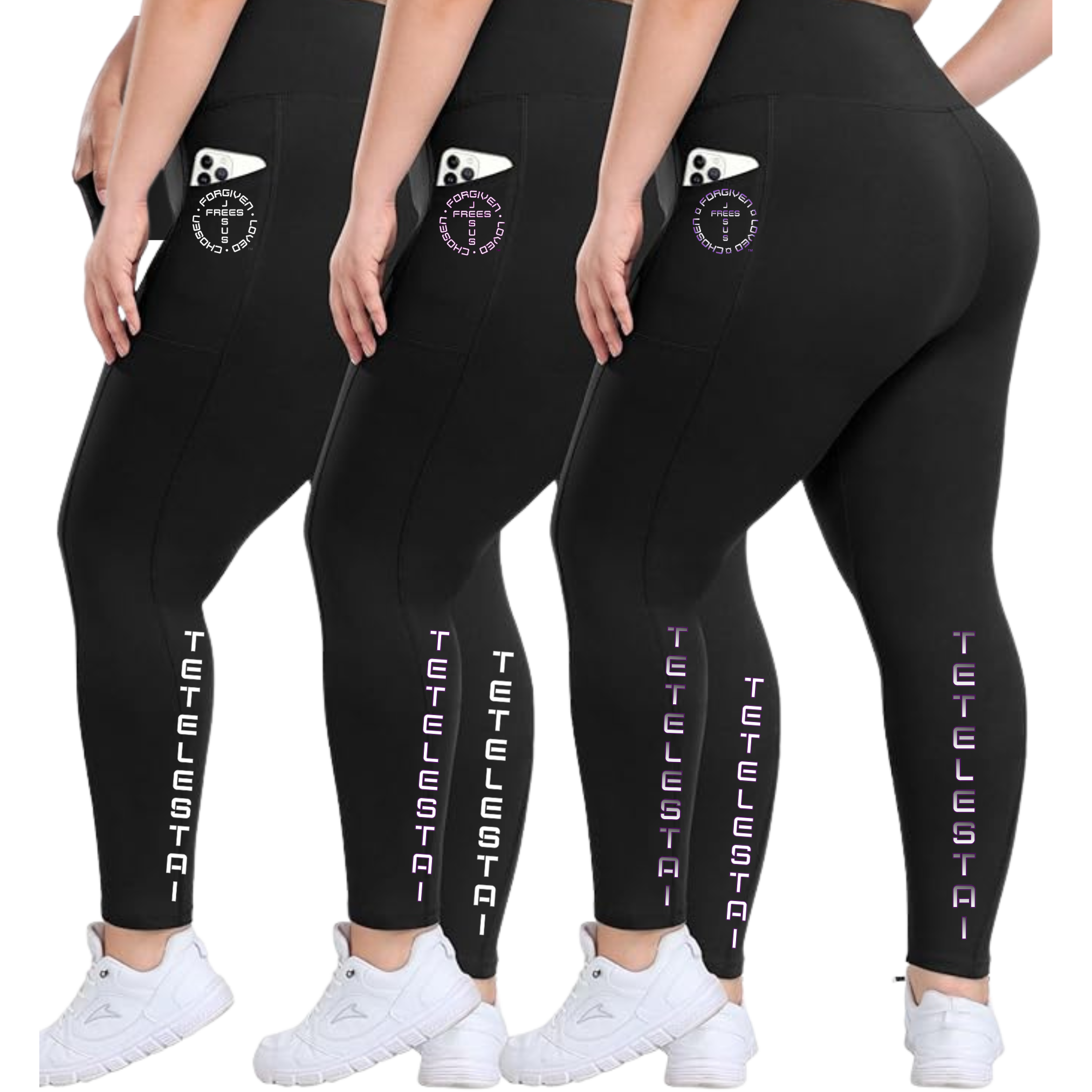 PLUS SIZE BLACK LEGGINS WITH POCKETS PRINTED "TETELESTAI" - Soft High Waisted Tummy Control Workout Pants