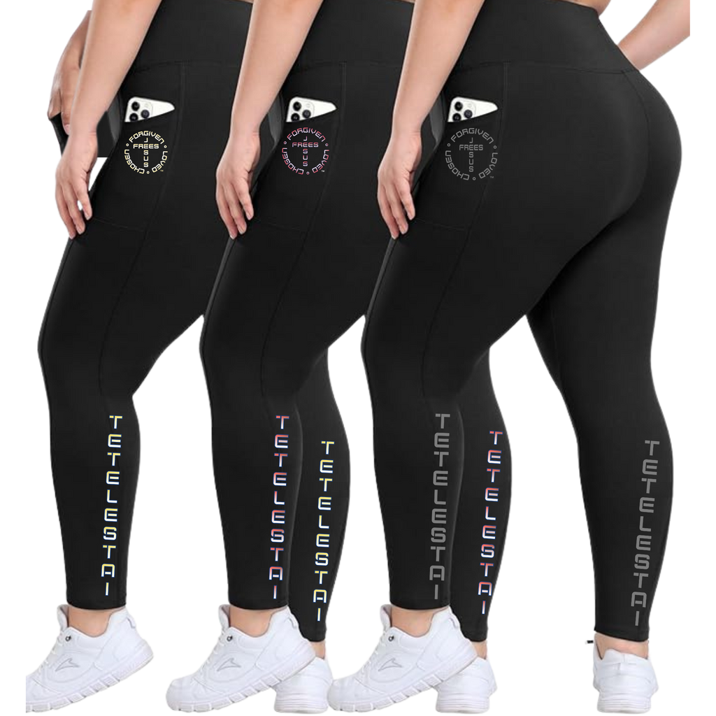 PLUS SIZE BLACK LEGGINS WITH POCKETS PRINTED "TETELESTAI" - Soft High Waisted Tummy Control Workout Pants