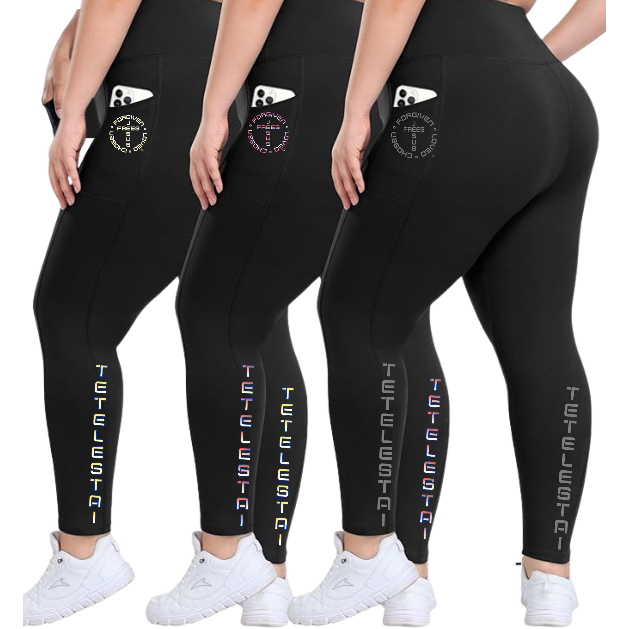 PLUS SIZE BLACK LEGGINS WITH POCKETS PRINTED "TETELESTAI" - Soft High Waisted Tummy Control Workout Pants