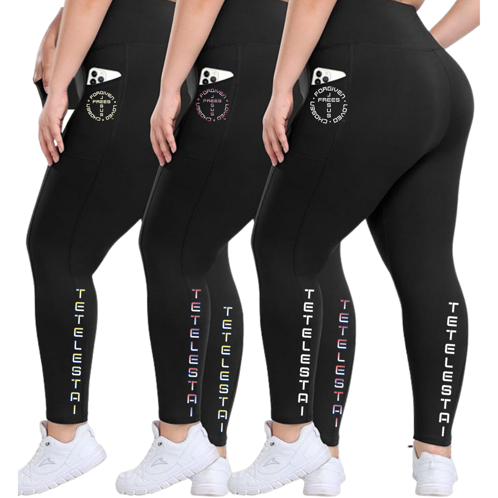 PLUS SIZE BLACK LEGGINS WITH POCKETS PRINTED "TETELESTAI" - Soft High Waisted Tummy Control Workout Pants