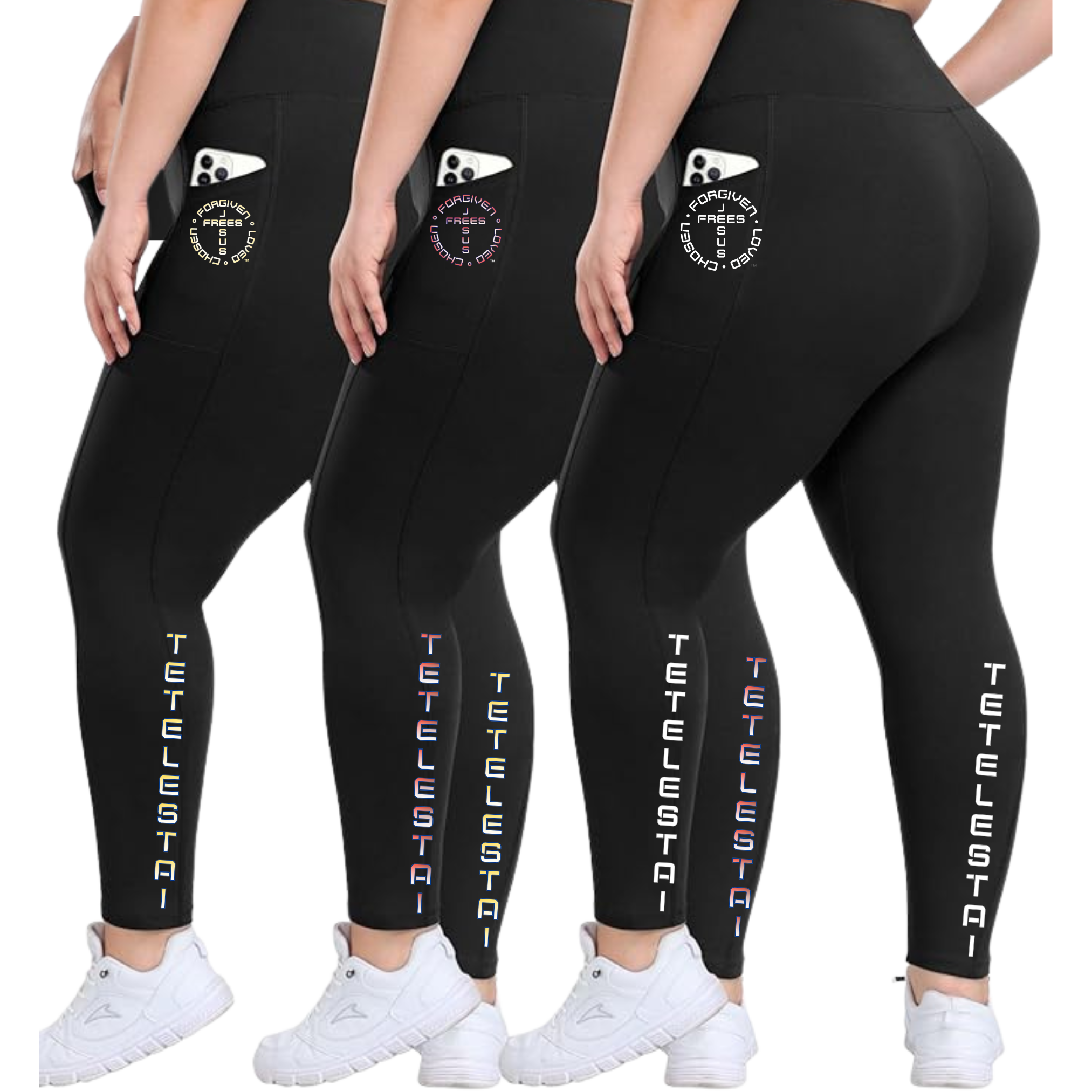 PLUS SIZE BLACK LEGGINS WITH POCKETS PRINTED "TETELESTAI" - Soft High Waisted Tummy Control Workout Pants