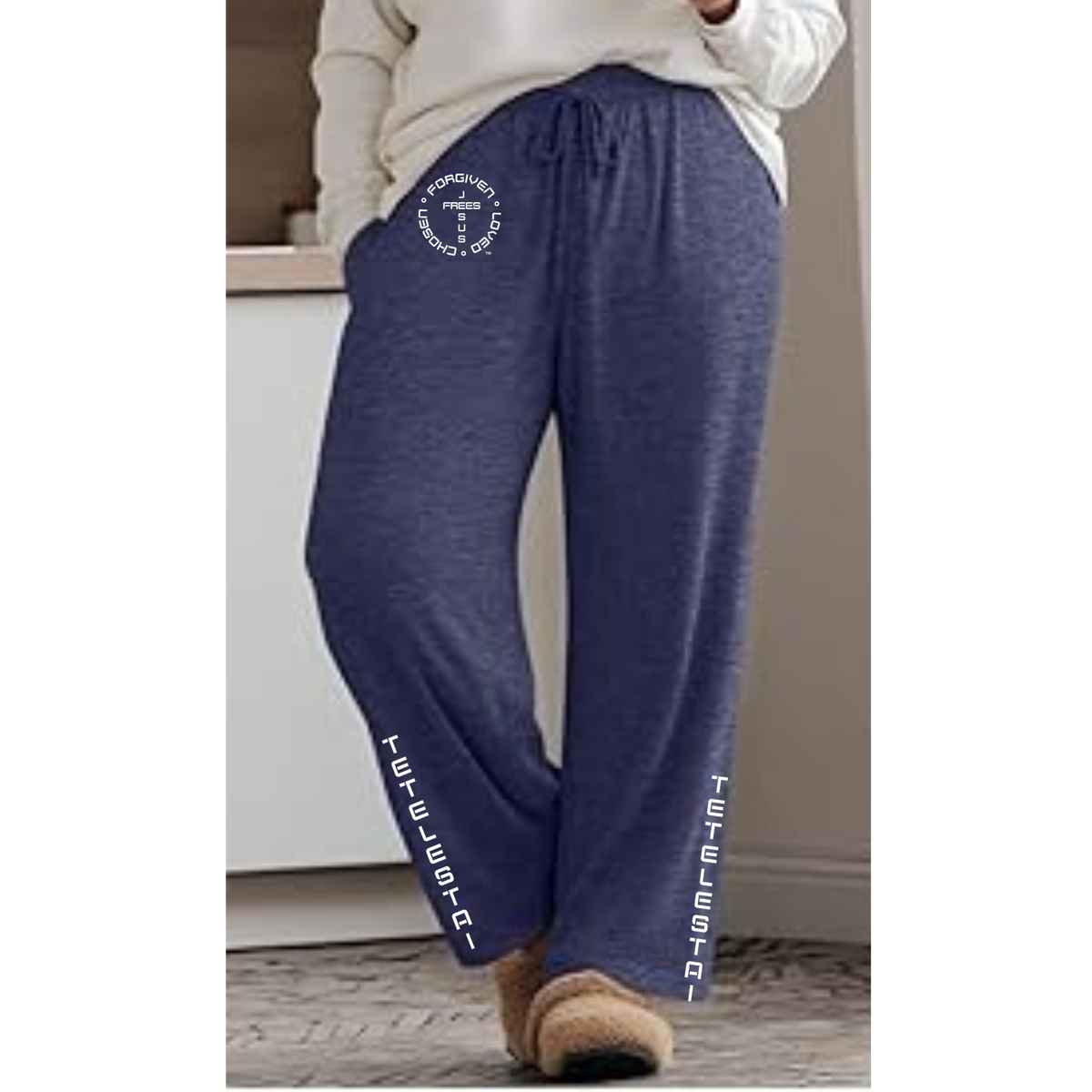 Jesus Frees™ Apparel | Women’s Plus Size Wide Leg Scripture Pants | Font 49 White | Neer Heather