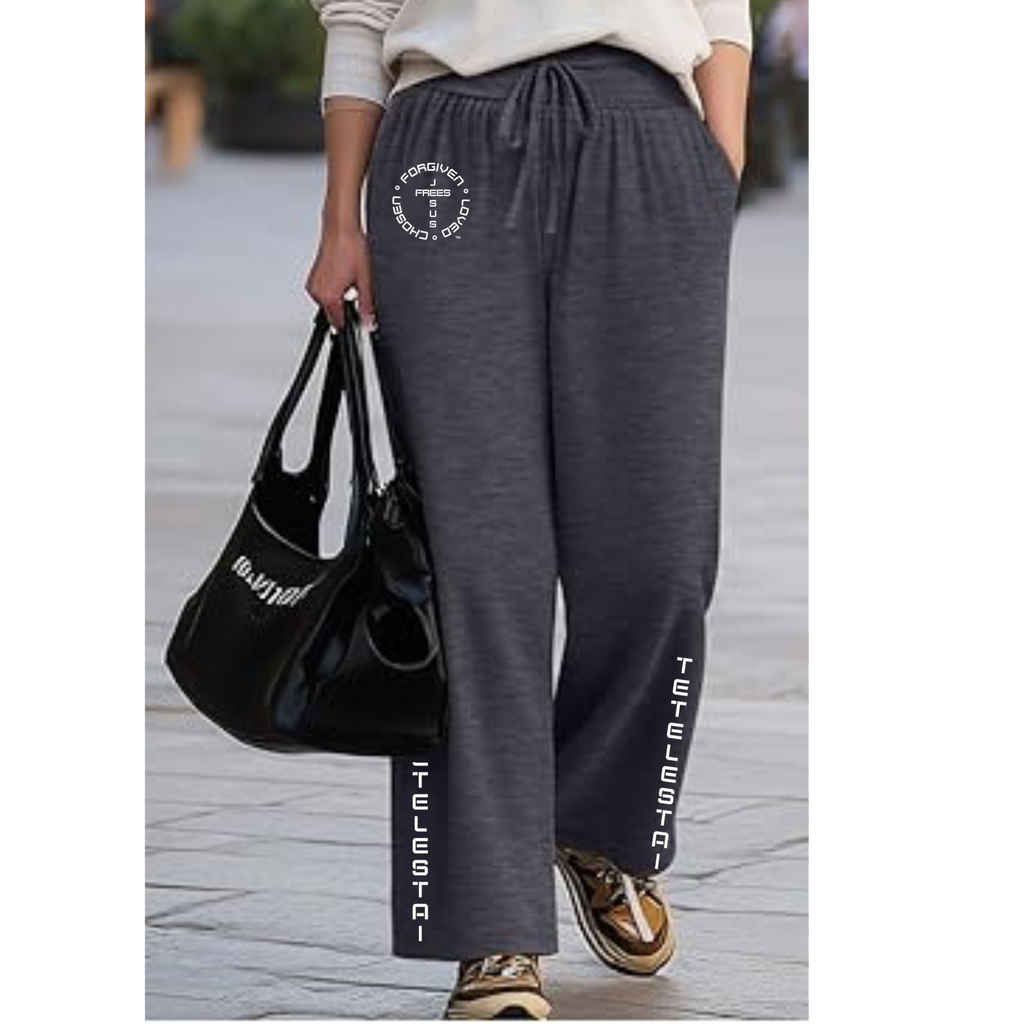 Jesus Frees™ Apparel | Women’s Plus Size Wide Leg Scripture Pants | Font 49 White | Neer Heather