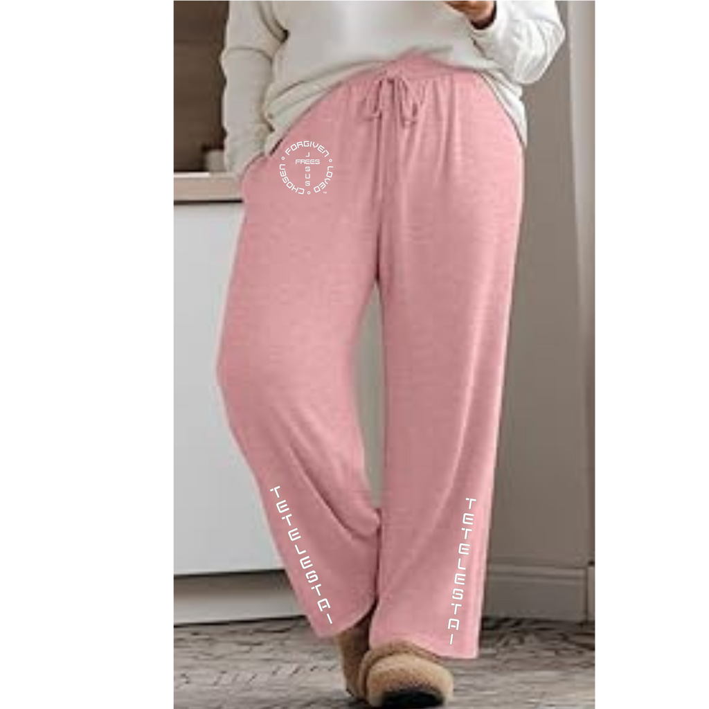 Jesus Frees™ Apparel | Women’s Plus Size Wide Leg Scripture Pants | Font 49 White | Neer Heather